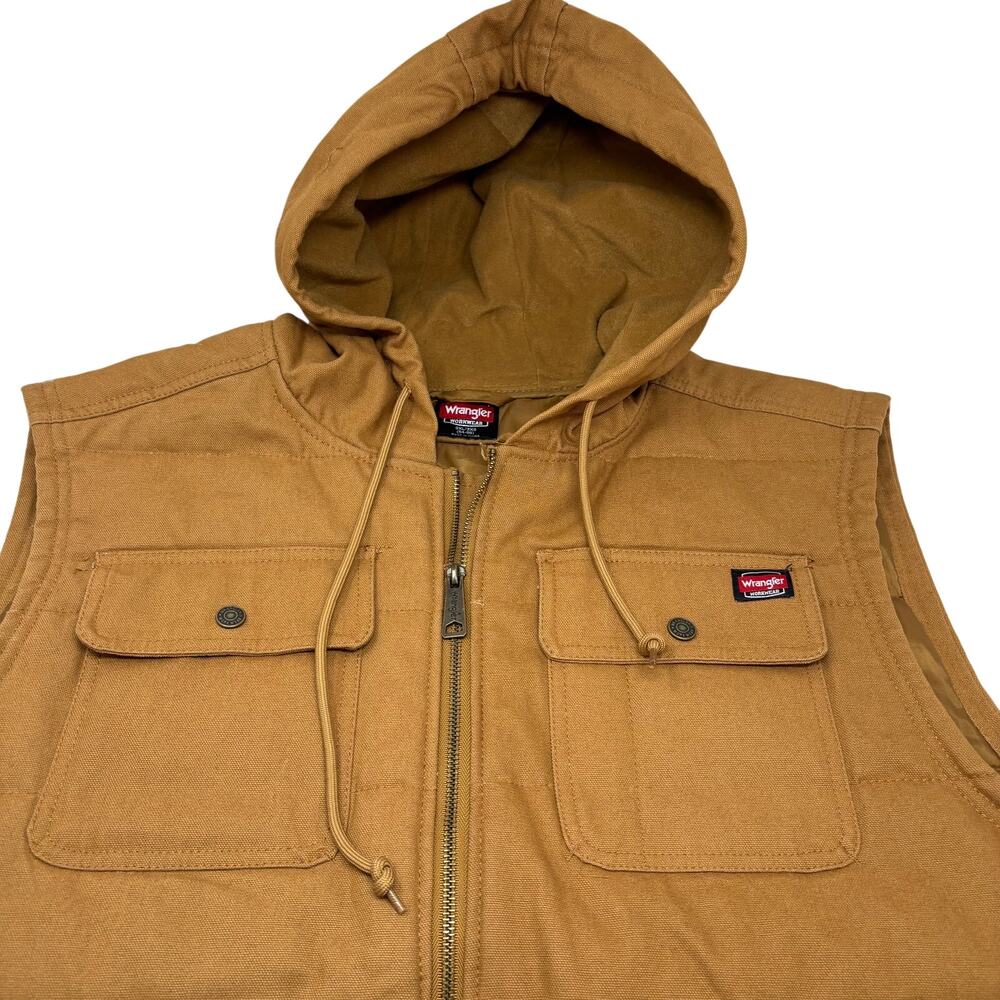 Wrangler Mens 3XL Brown Full Zip Canvas Workwear Hooded Drawstring Vest